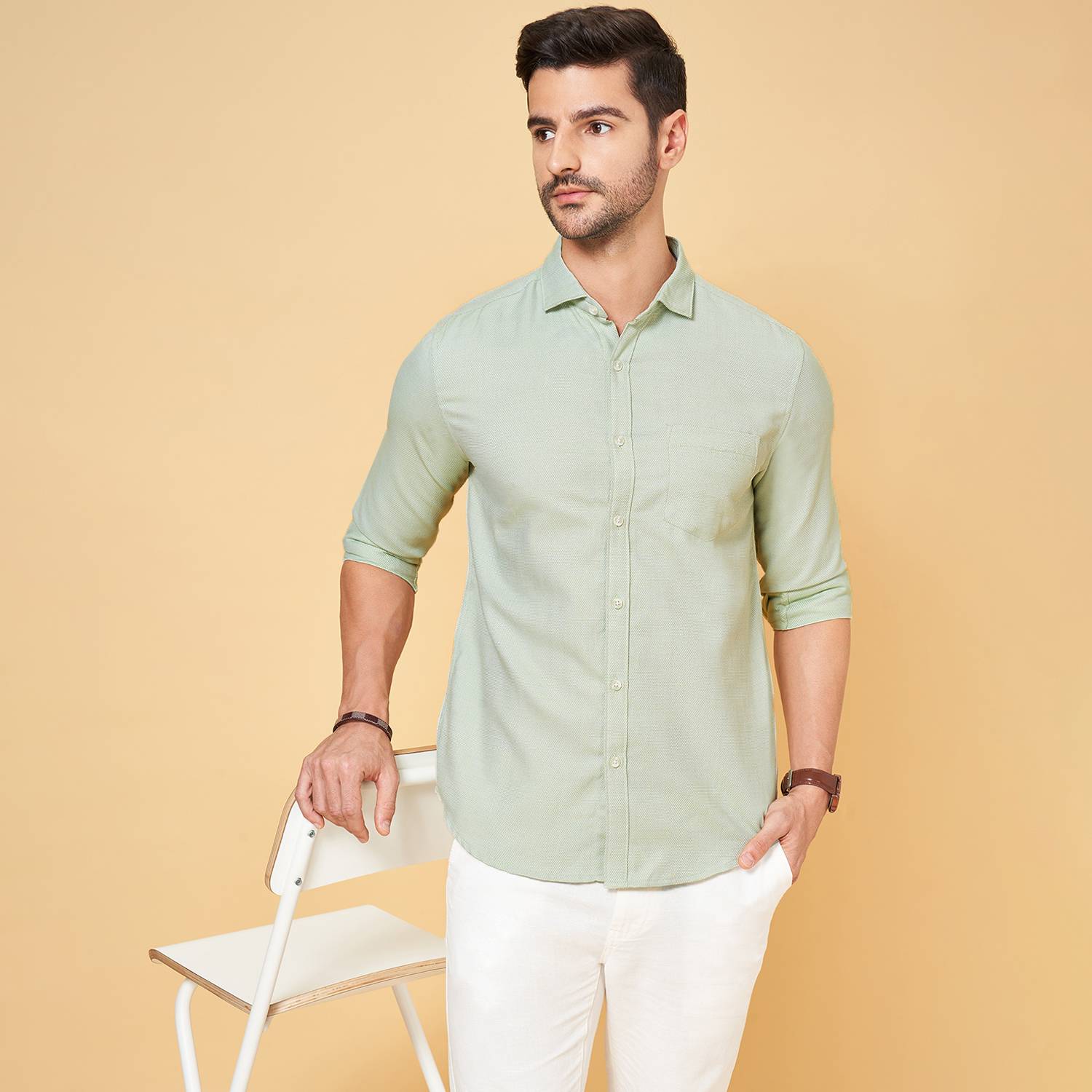 Byford by Pantaloons Men Solid Casual Light Green Shirt