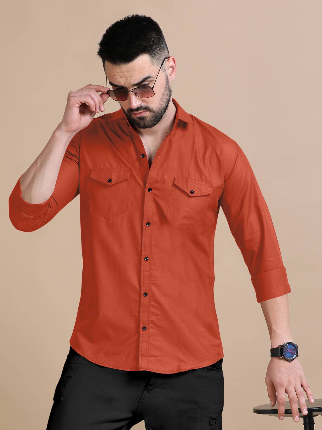 BroMiyO Men Solid Casual Orange Shirt