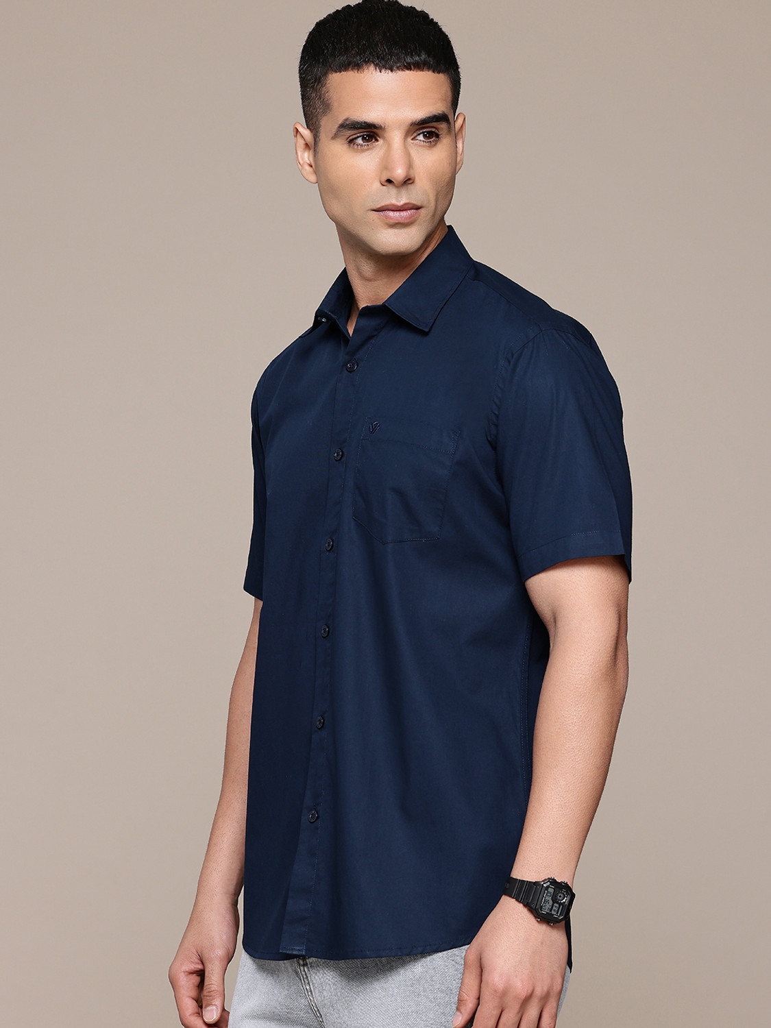 Image of BLUE SQUAD Men Solid Casual Dark Blue Shirt
