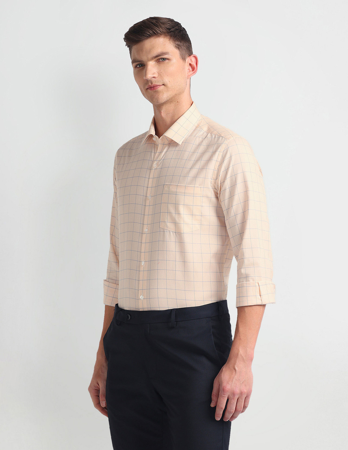 Image of ARROW Men Checkered Formal Orange, Blue Shirt