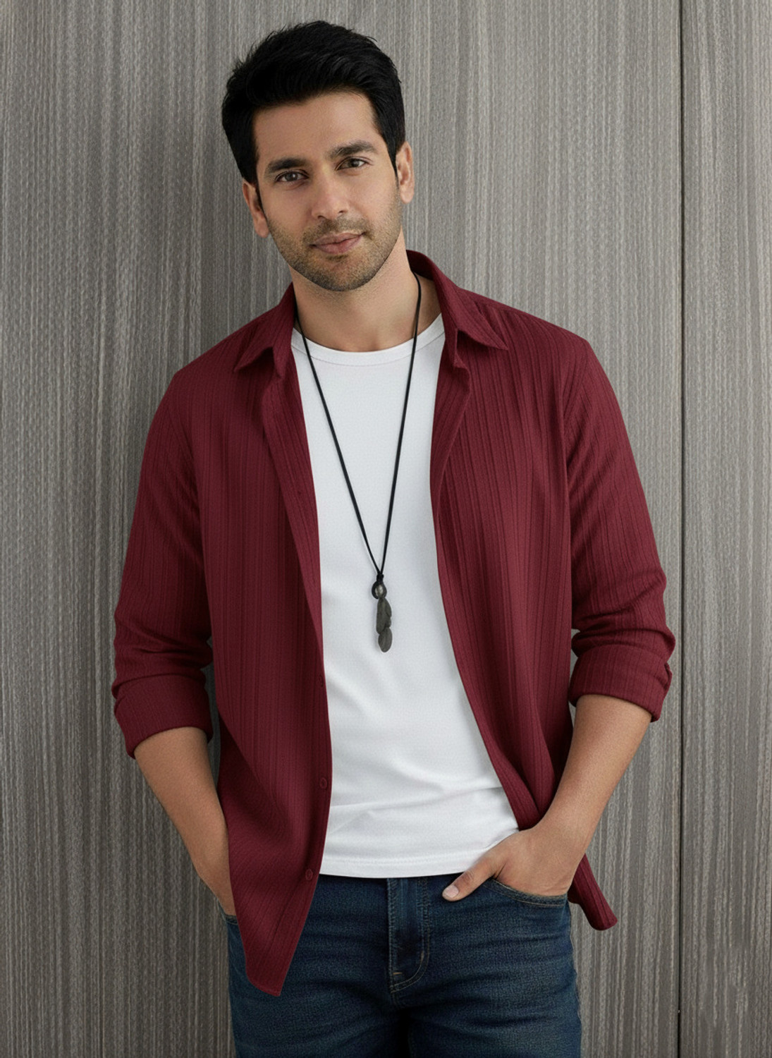 Image of Kachhot Men Self Design Casual Maroon Shirt