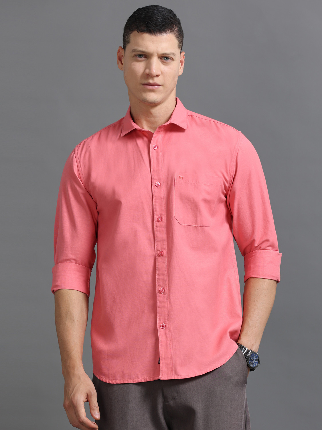 Image of Tom Mackler Men Solid Casual Pink Shirt