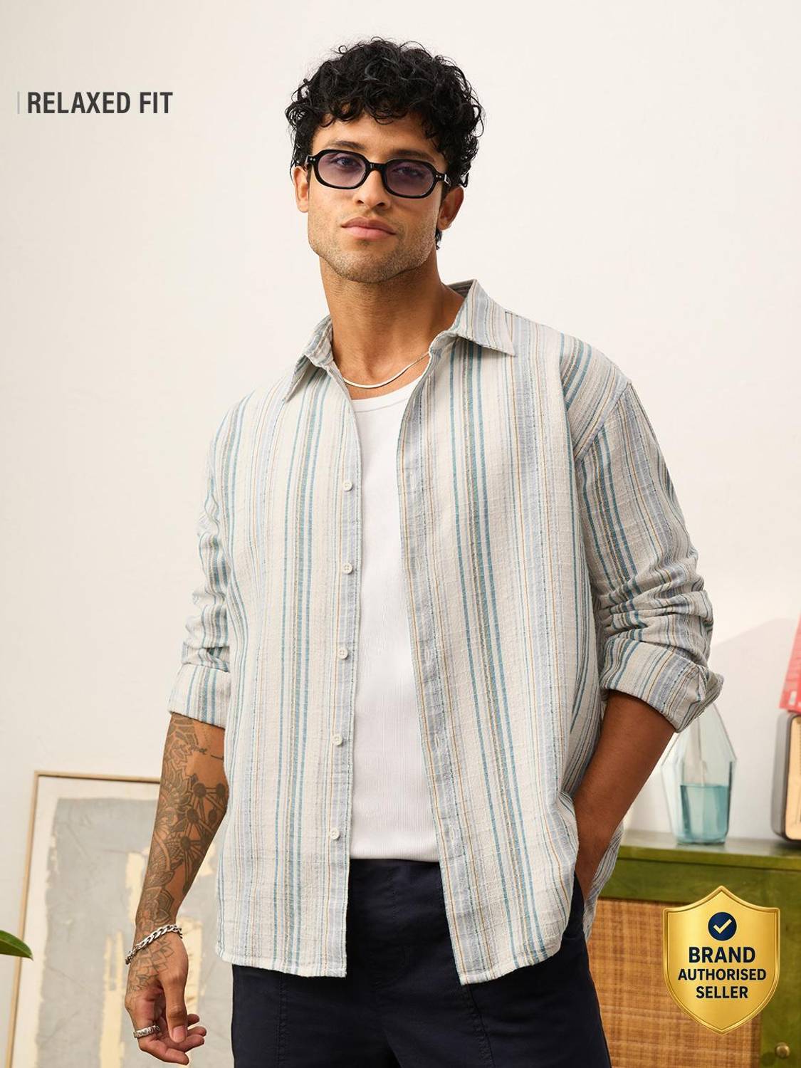 The Souled Store Men Striped Casual White Shirt