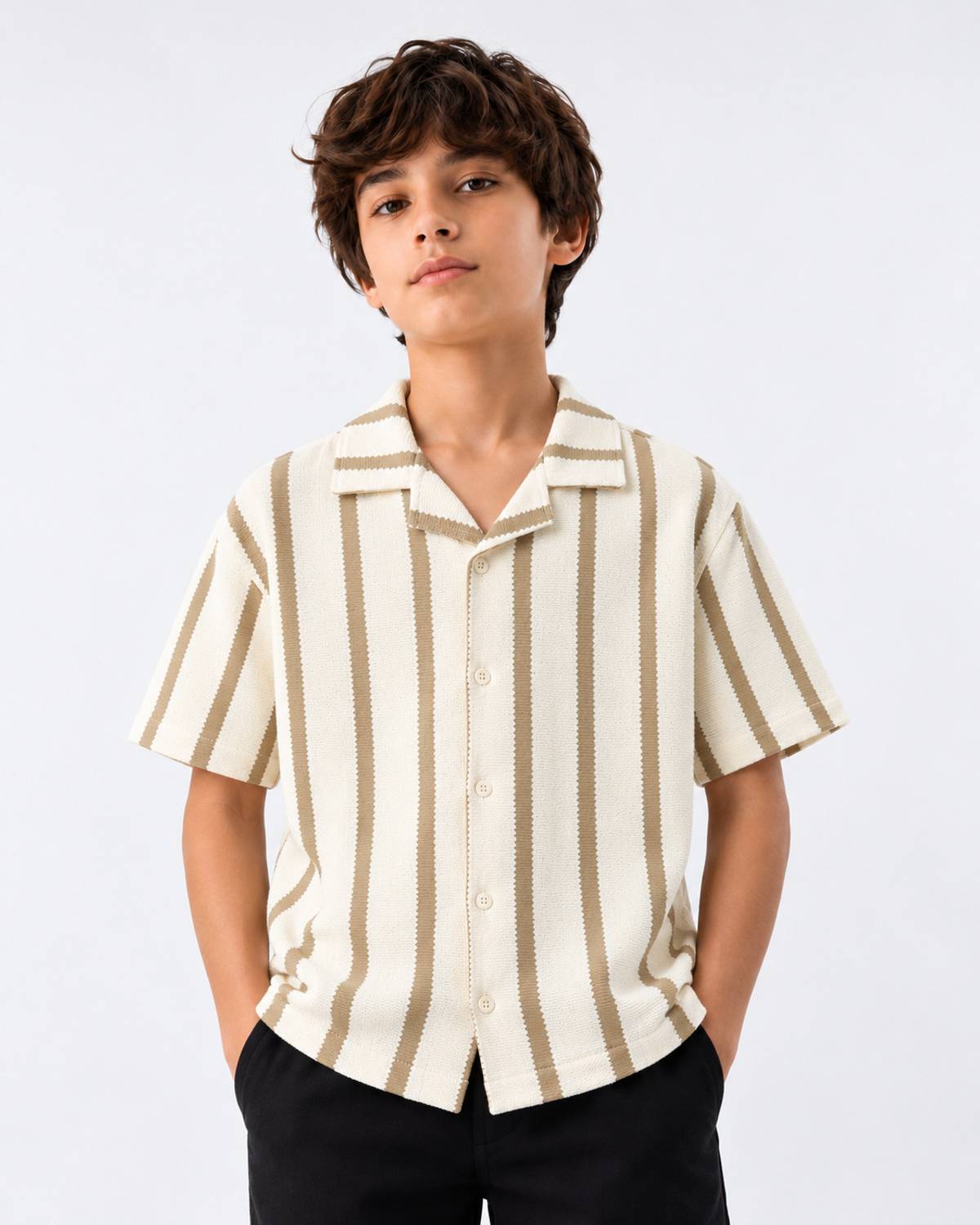 Alan Jones Boys Striped Casual Cream Shirt