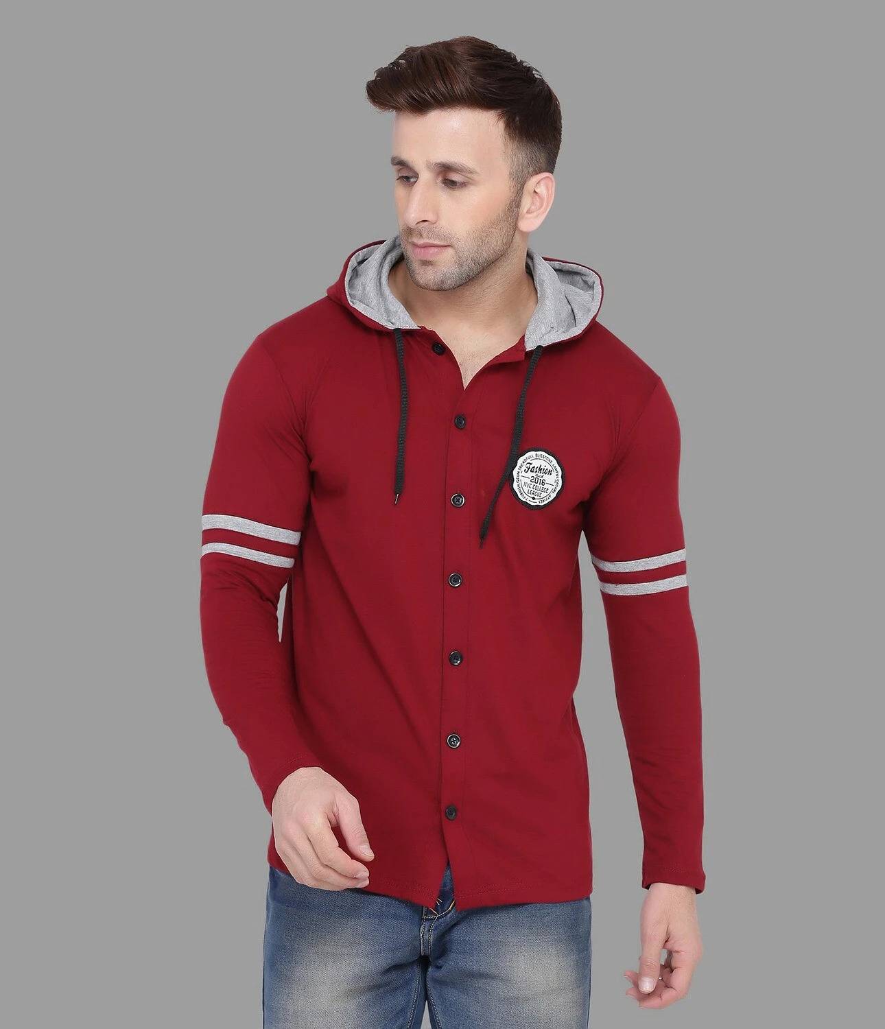 GEUM Men Regular Fit Color Block Hood Collar Casual Shirt