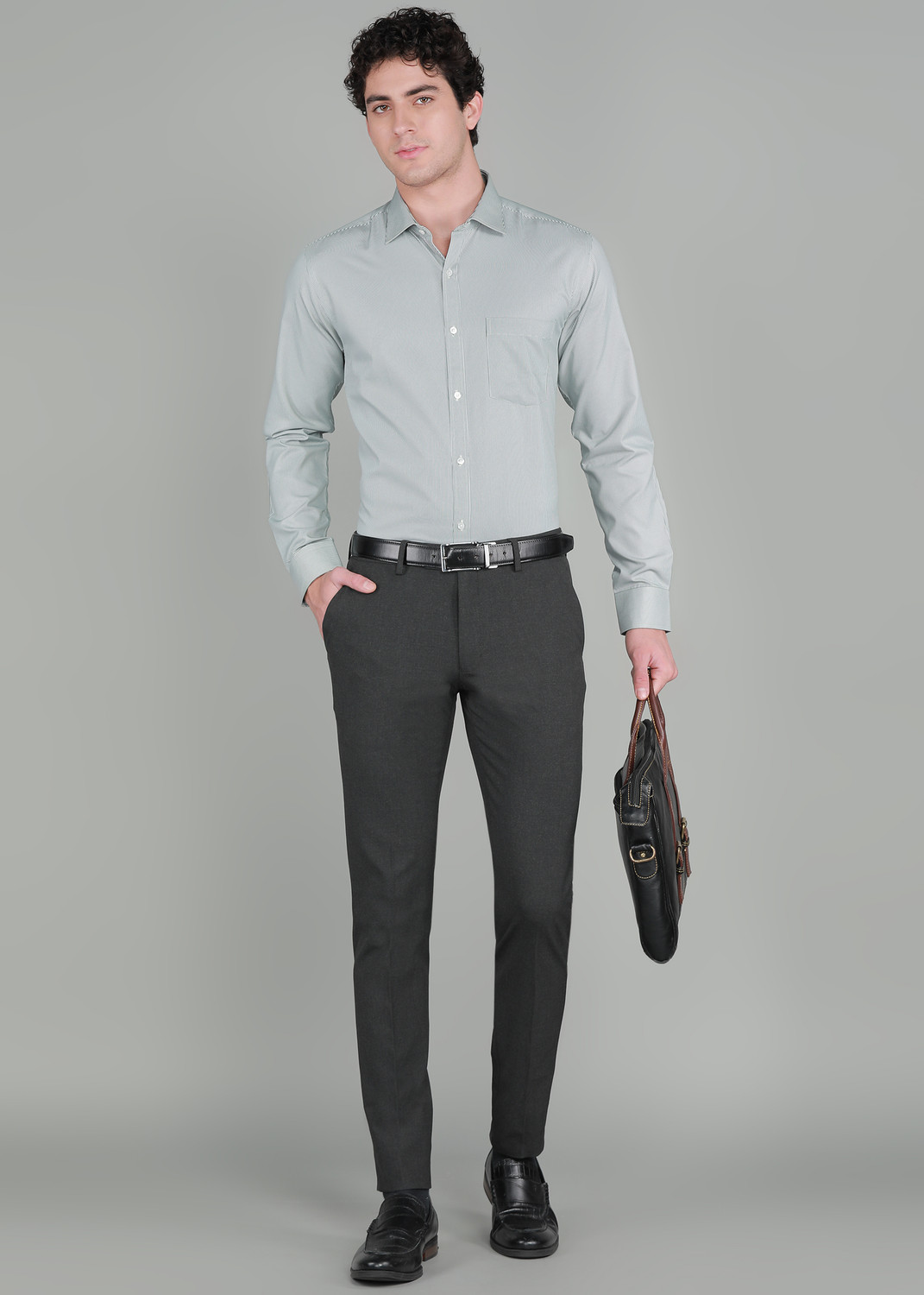 Image of PARK AVENUE Men Striped Formal Green Shirt