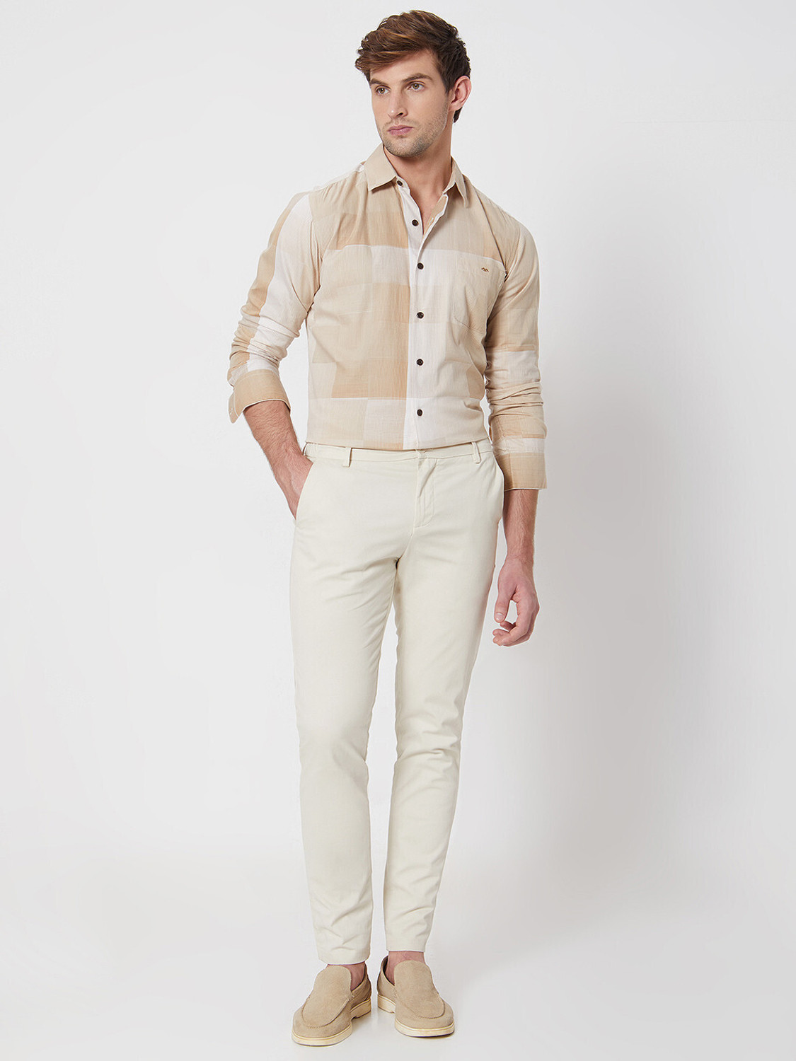 Image of MUFTI Men Checkered Casual White, Beige Shirt