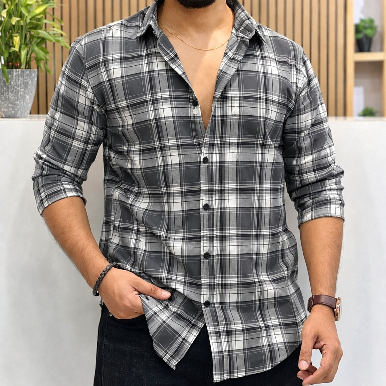 Image of Myethics Men Checkered Casual Grey Shirt