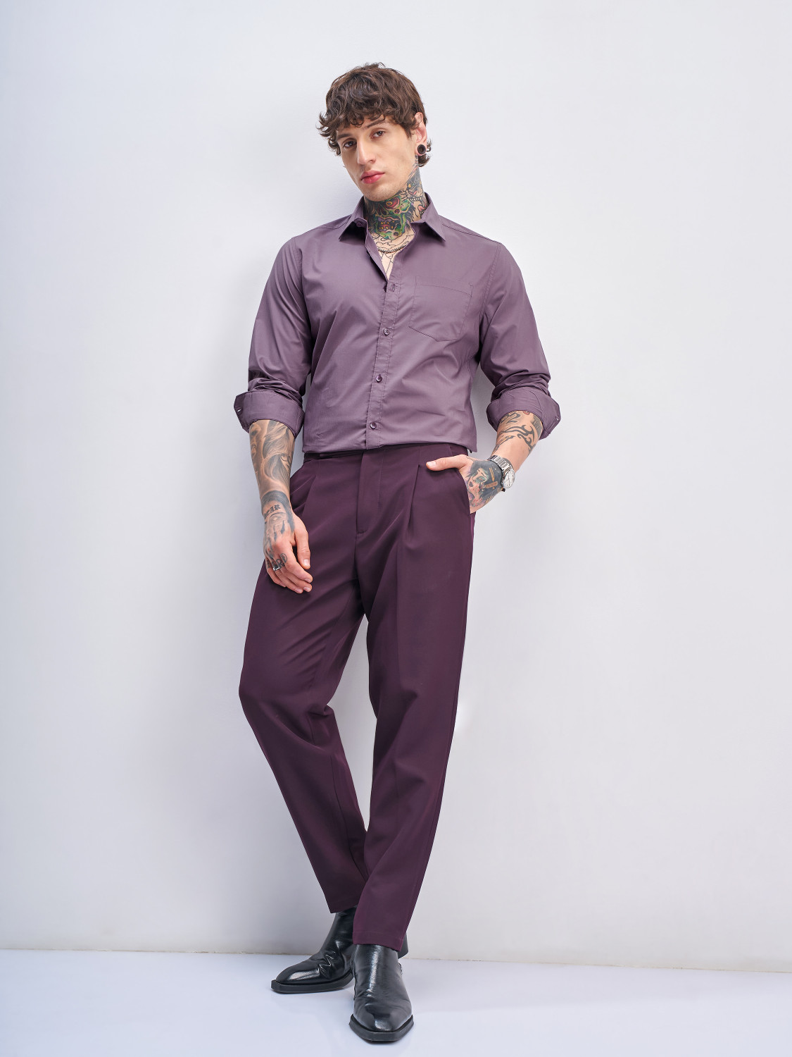 Image of HIGHLANDER Men Solid Casual Purple Shirt