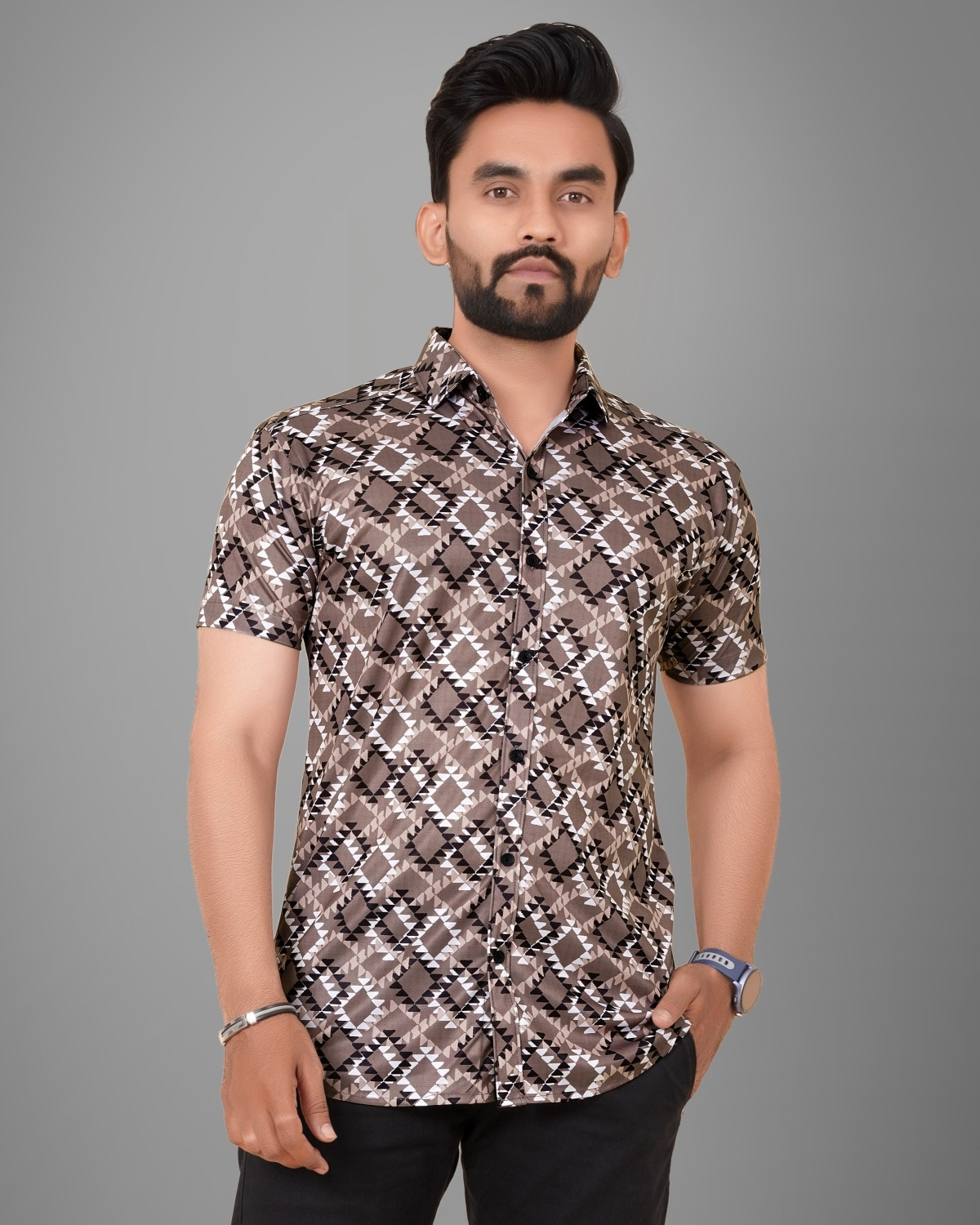 Image of Voroxy Men Printed Casual Brown Shirt