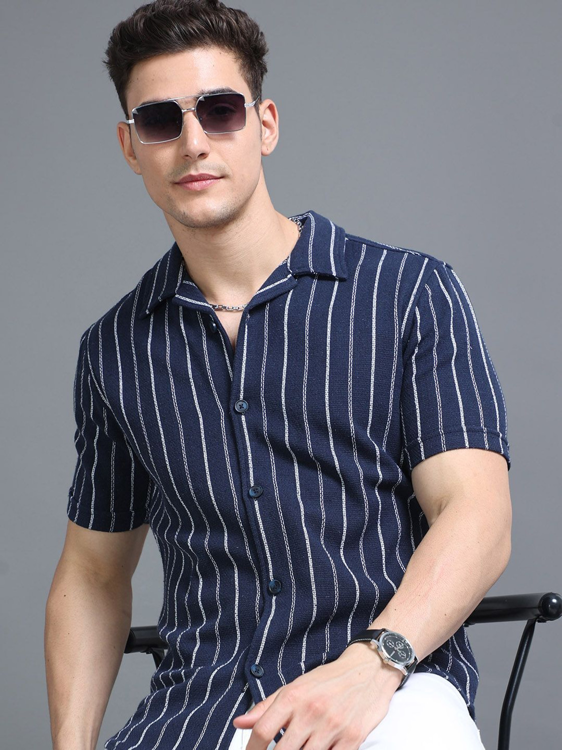 Image of HERE&NOW Men Striped Casual Blue Shirt