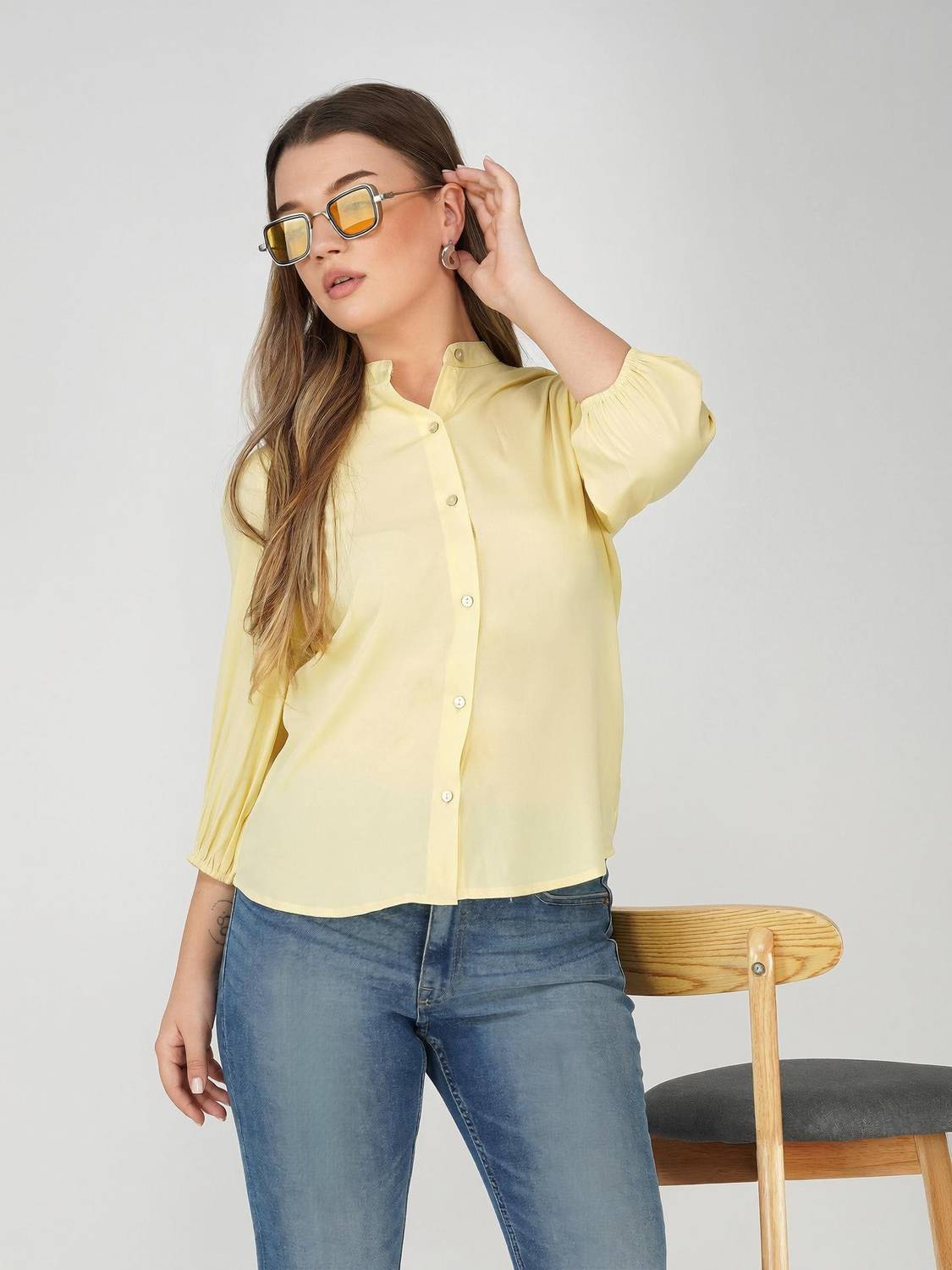 AVOR LIFESTYLE Women Solid Casual Yellow Shirt