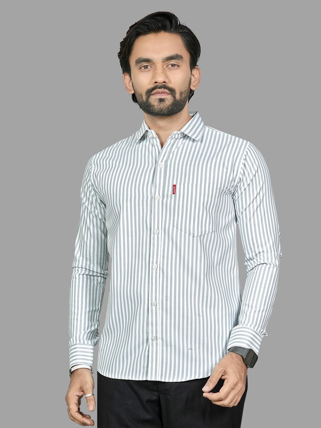 Image of MILDIN Men Striped Formal White, Grey Shirt