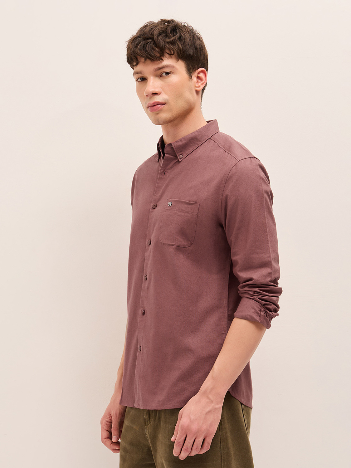 Image of THE BEAR HOUSE Men Solid Casual Brown Shirt