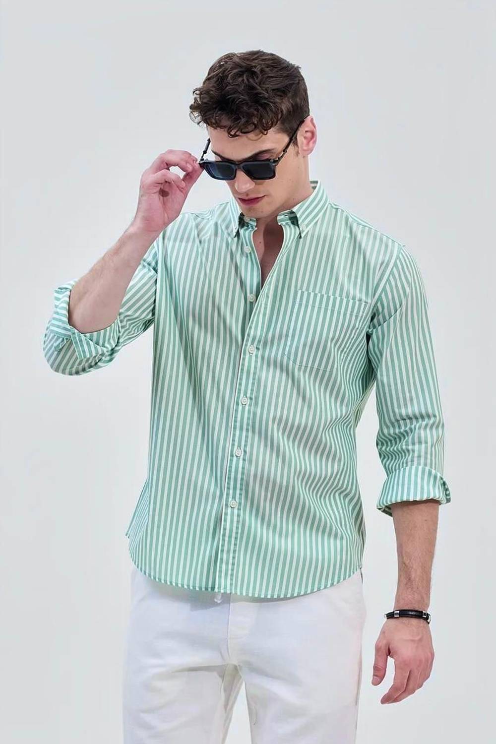 RODEIZ Men Green, White Striped Casual Shirt - Image 1