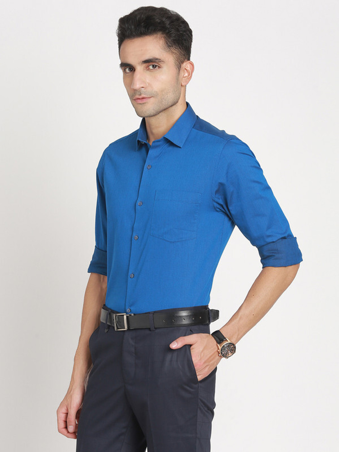 Image of TURTLE Men Solid Formal Blue Shirt