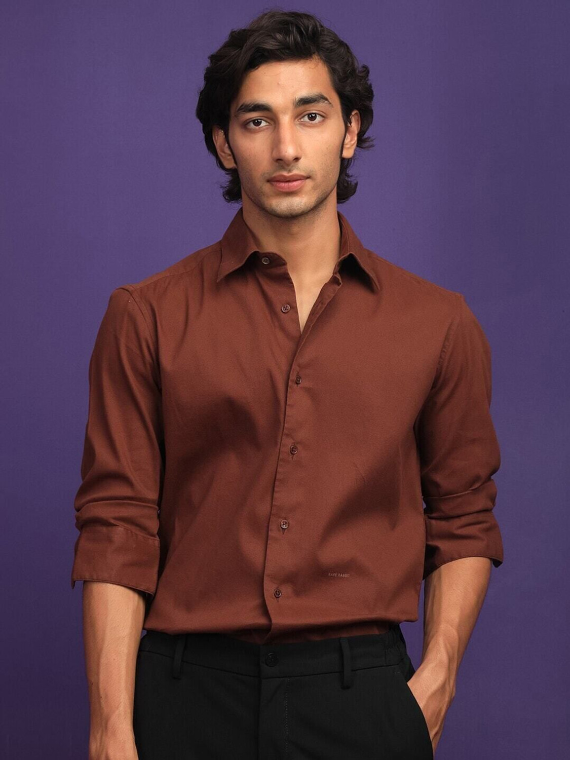Image of RARE RABBIT Men Solid Formal Brown Shirt