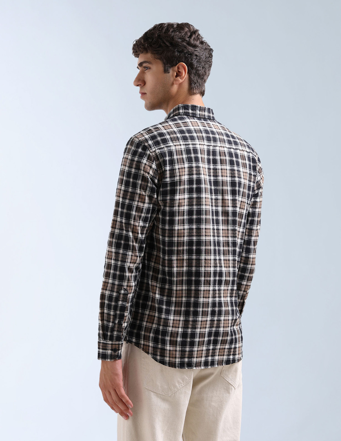Image of FLYING MACHINE Men Checkered Casual Brown Shirt
