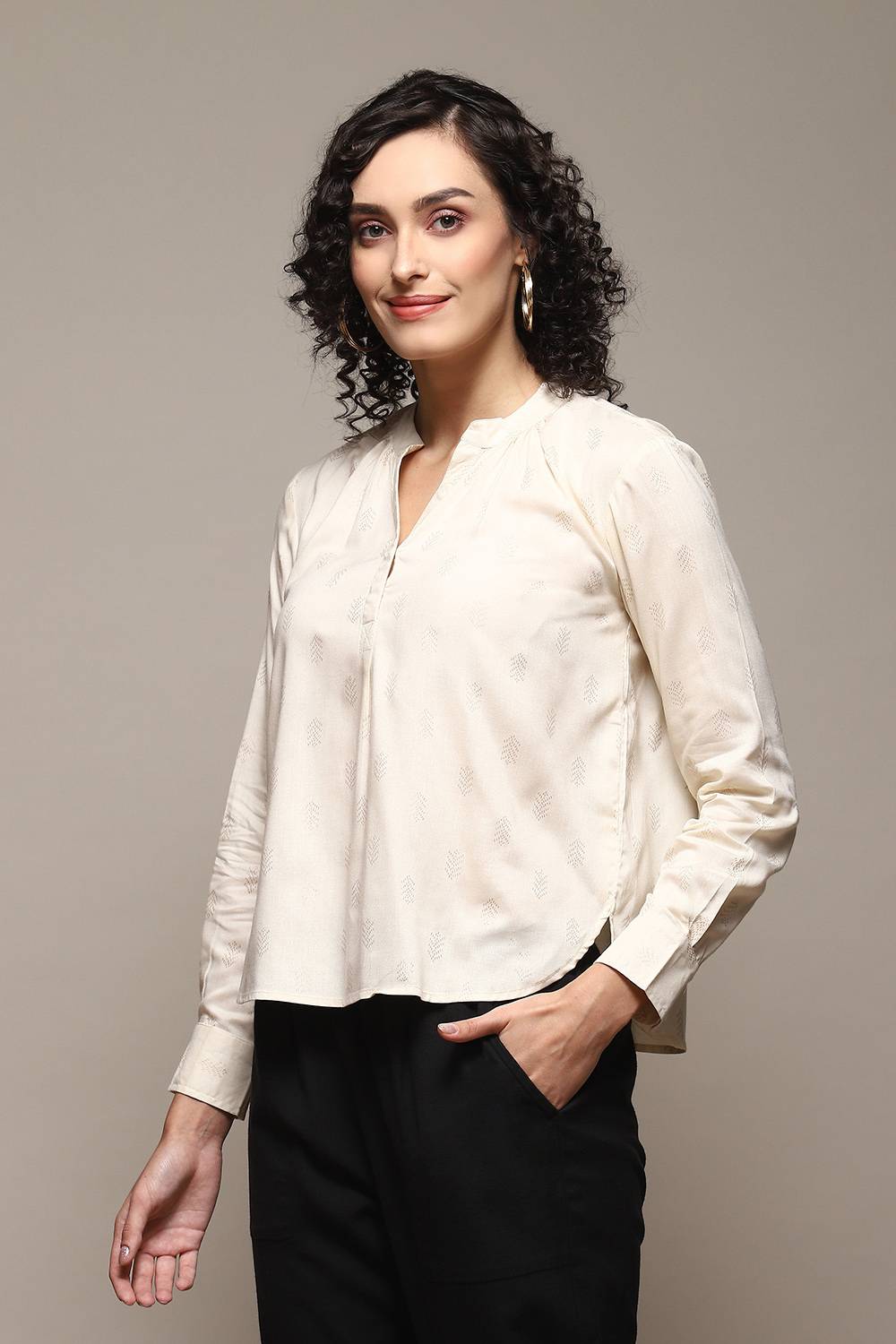 BIBA Women Printed Casual Cream Shirt