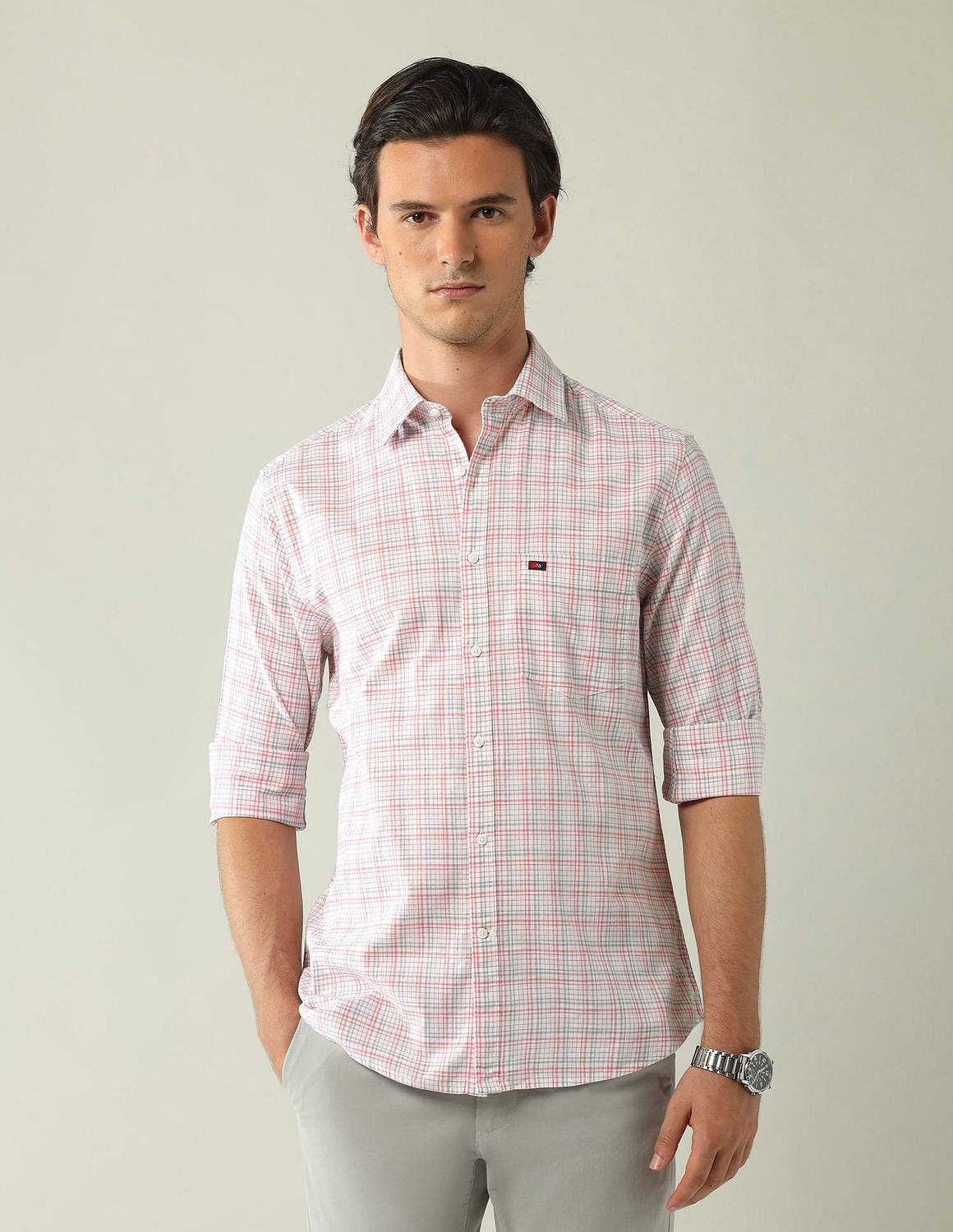 AD by Arvind Men Checkered Casual Pink Shirt