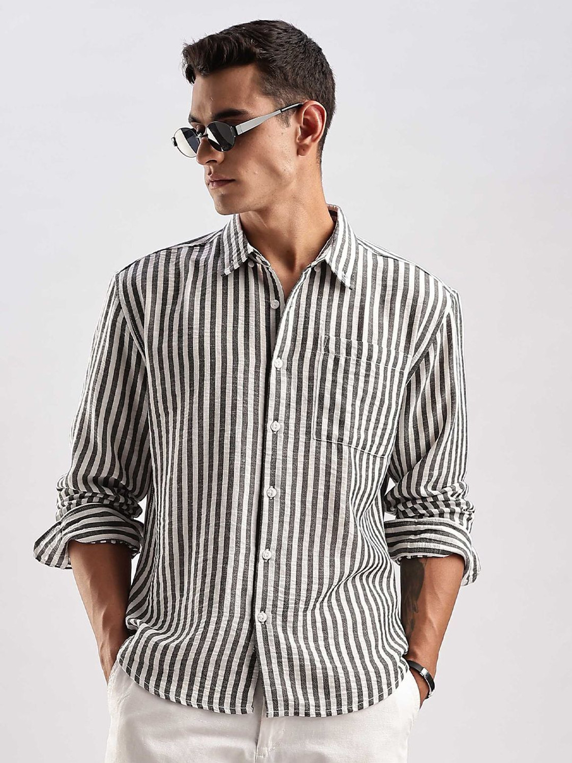 Image of HERE&NOW Men Striped Casual Grey Shirt