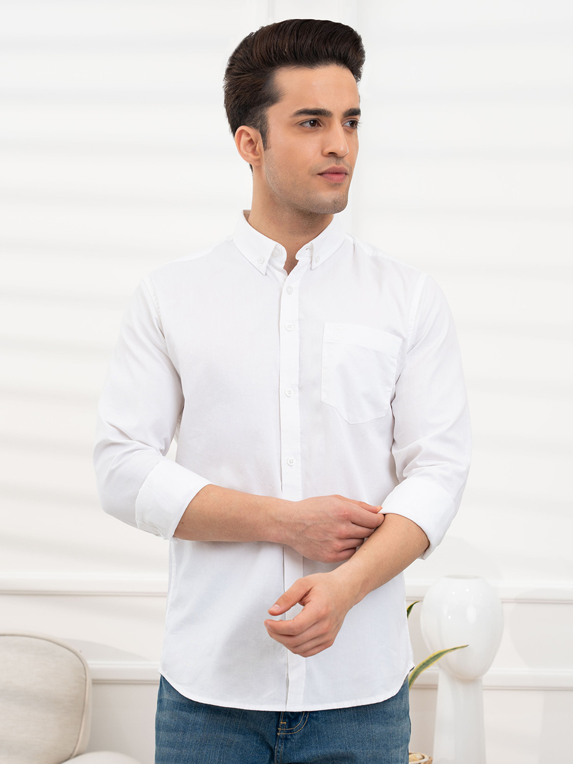 Image of RED TAPE Men Solid Casual White Shirt
