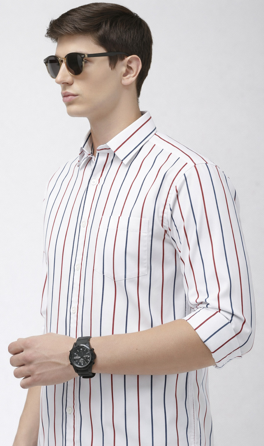 Image of Hems trends Men Striped Casual White Shirt