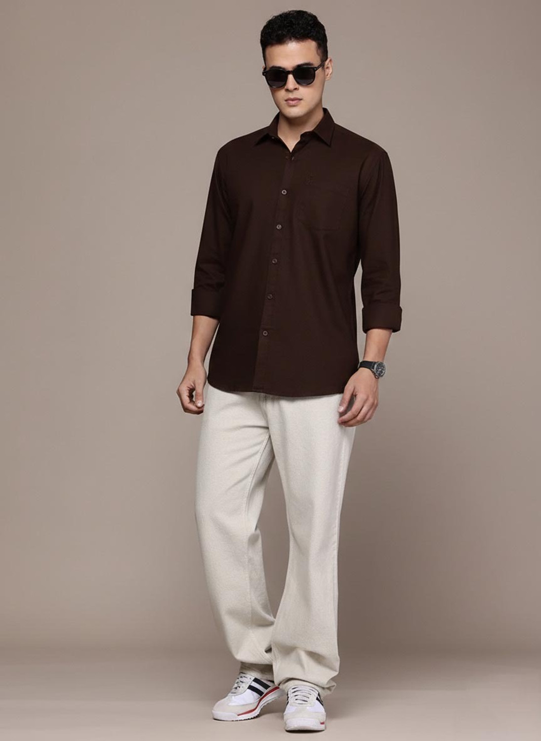 Image of TIGER SNAKE Men Solid Casual Brown Shirt