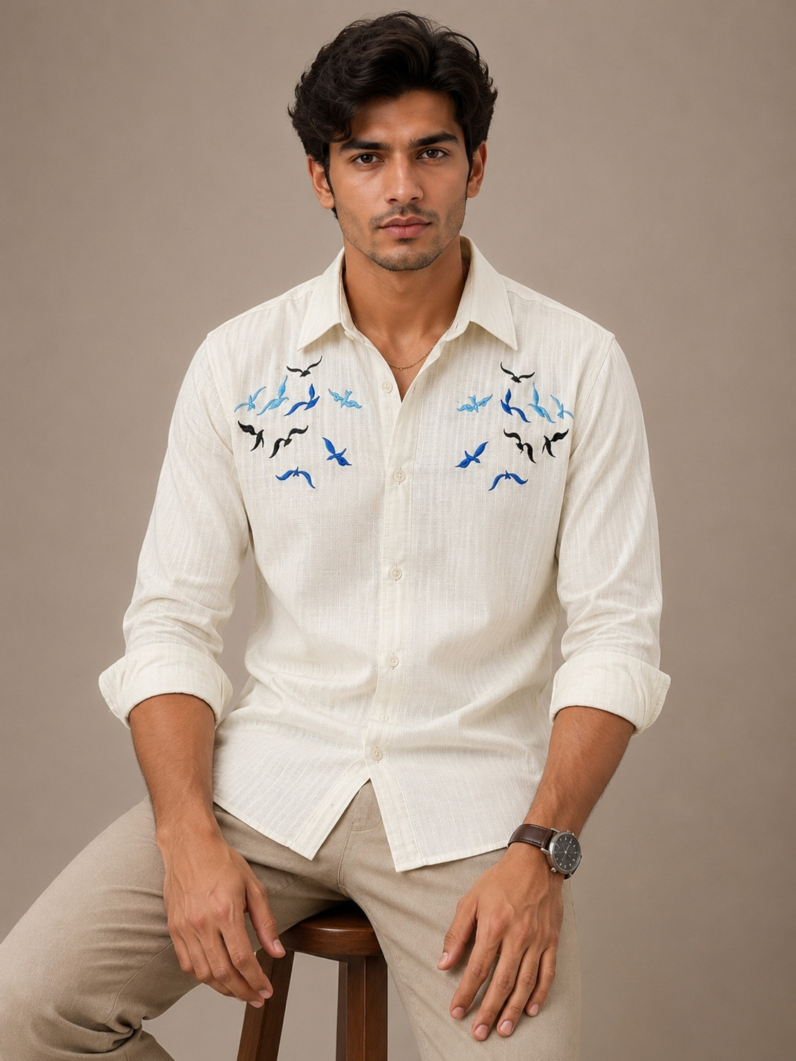 Image of JERRY AND HANPHIL Men Embroidered Casual Cream Shirt
