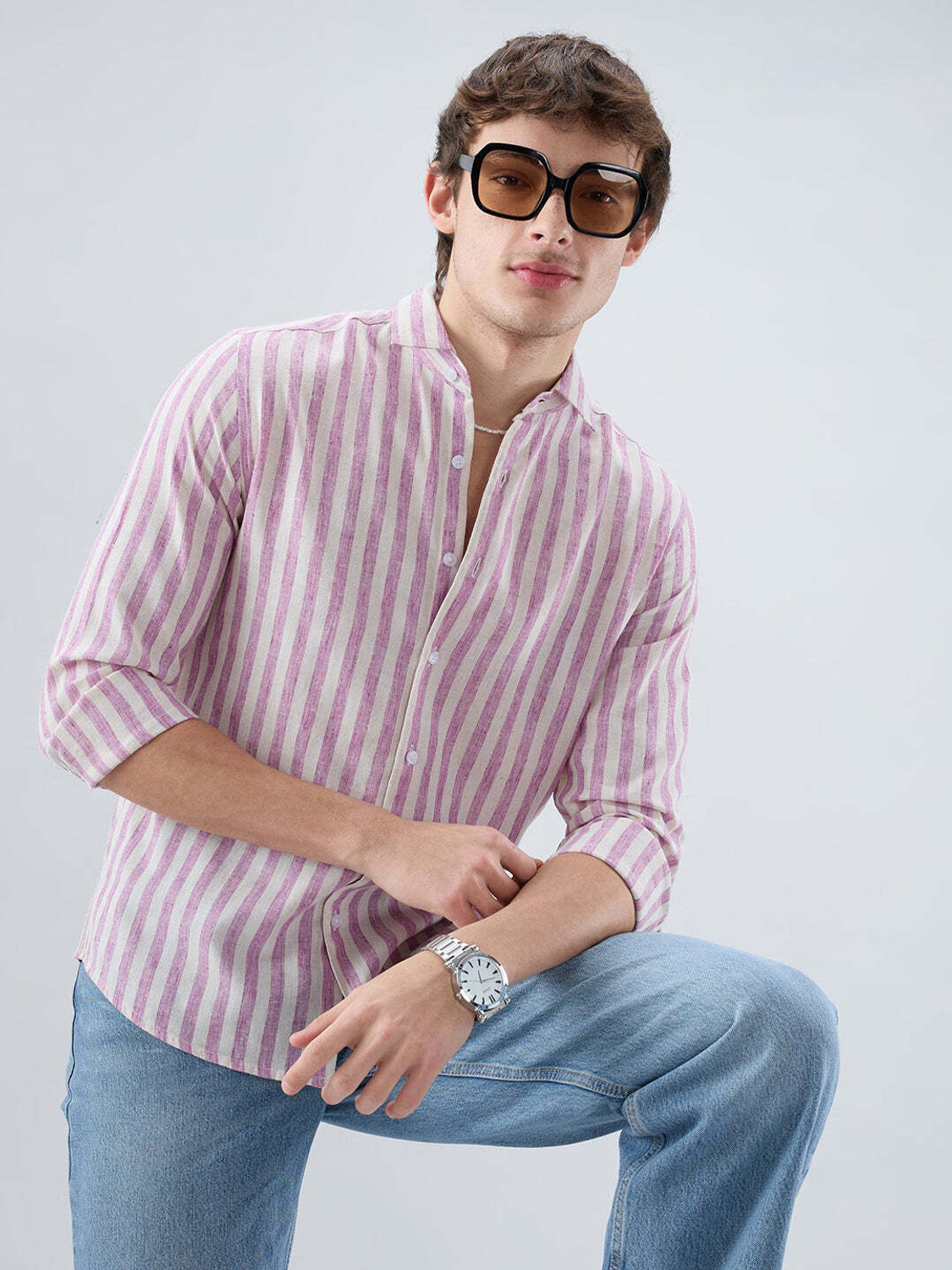 Image of VASTRADO Men Striped Casual Pink Shirt