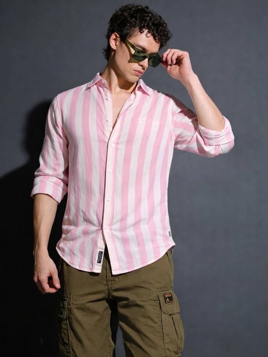 CAMBREEN Men Striped Casual White, Pink Shirt