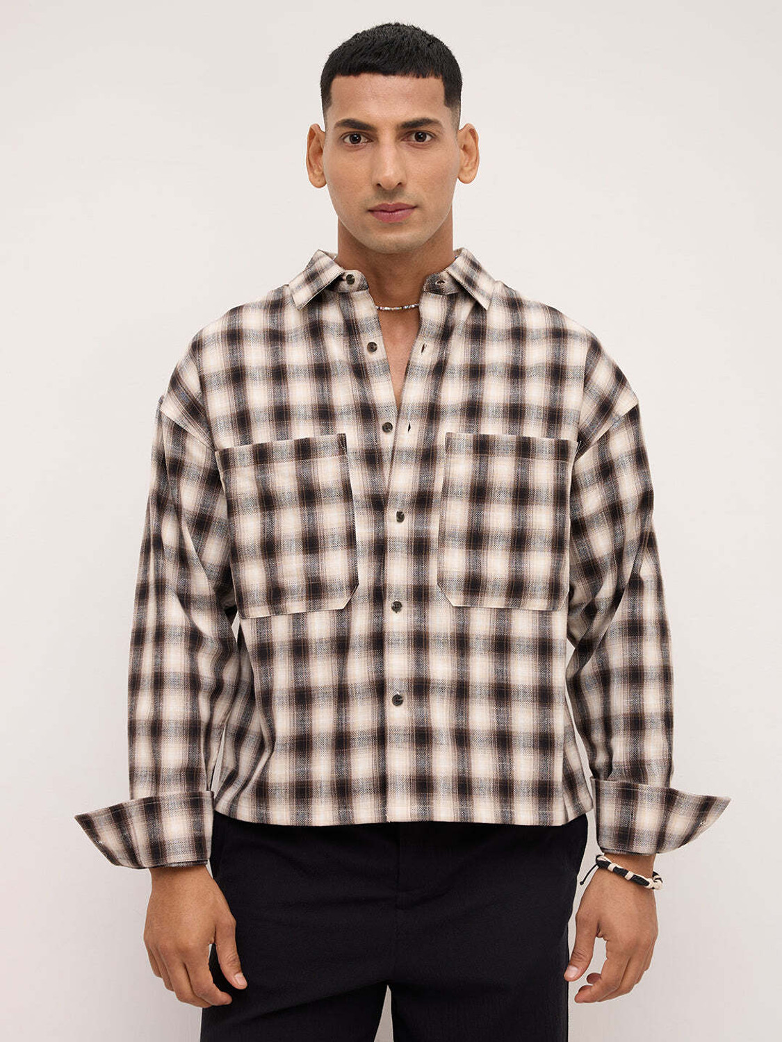 Image of VASTRADO Men Checkered Casual Beige, Brown Shirt
