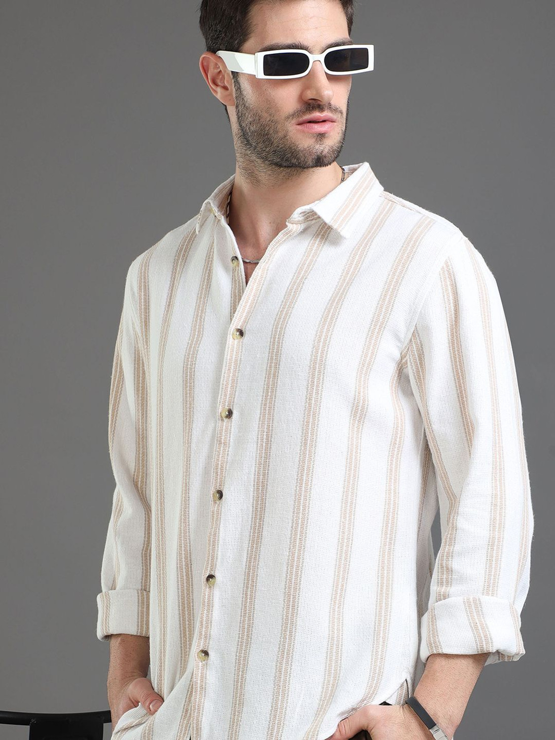 Image of HERE&NOW Men Striped Casual Cream Shirt