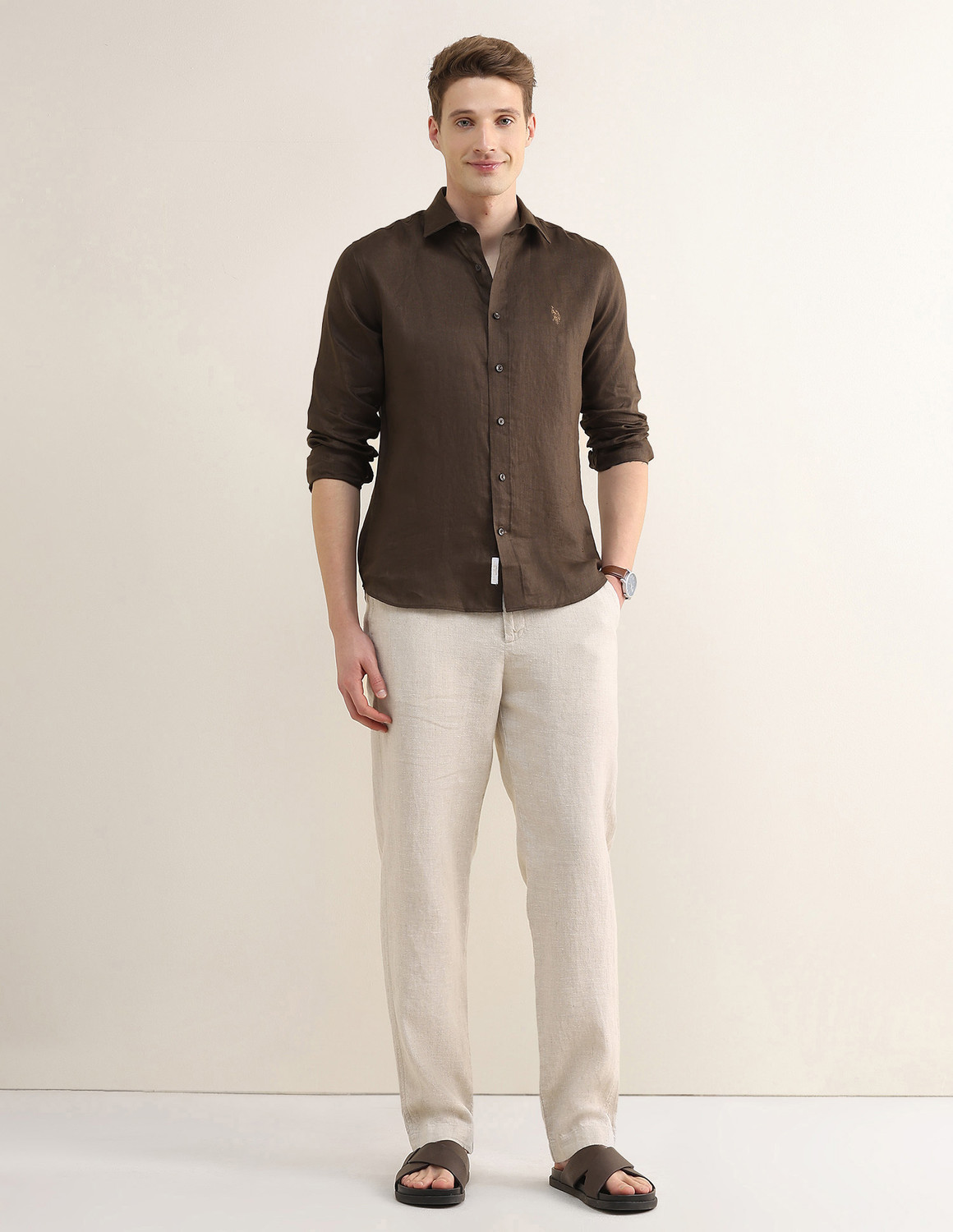 Image of U.S. POLO ASSN. Men Solid Casual Brown Shirt