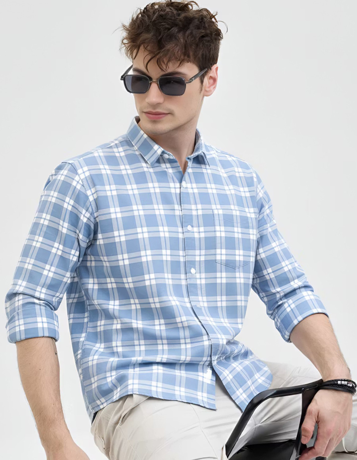 Image of METRONAUT Men Checkered Casual Light Blue Shirt