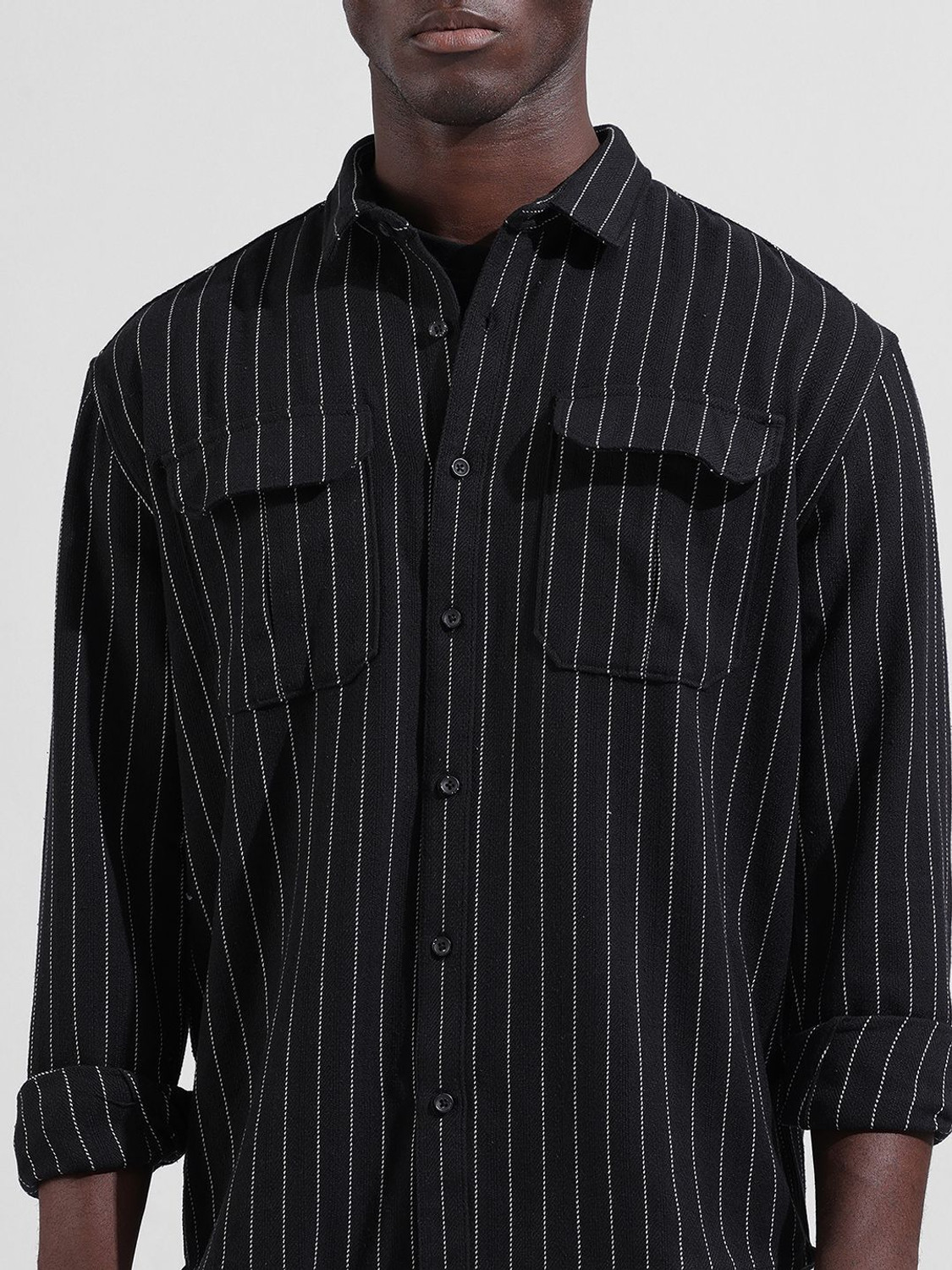 Image of The Indian Garage Co. Men Striped Casual Black Shirt