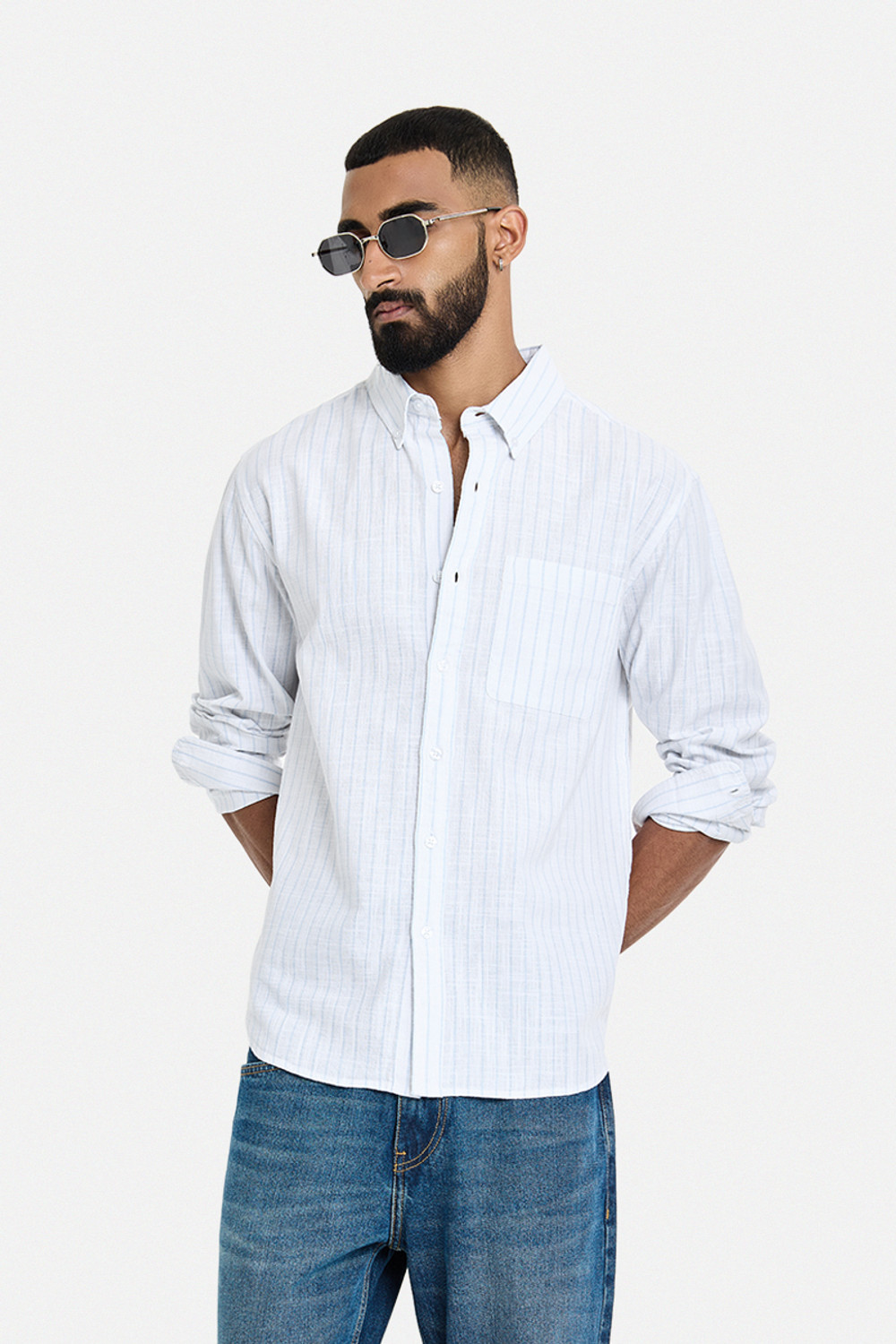 Image of Snitch Men Striped Casual White Shirt