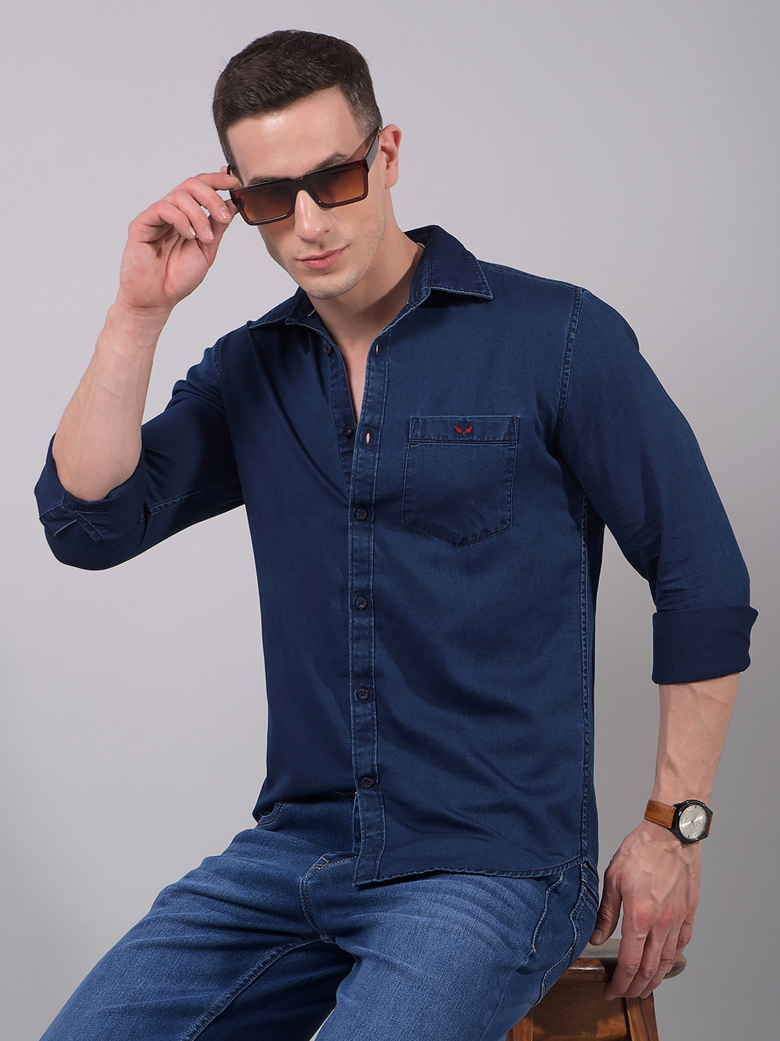 Image of CRIMSOUNE CLUB Men Solid Casual Blue Shirt