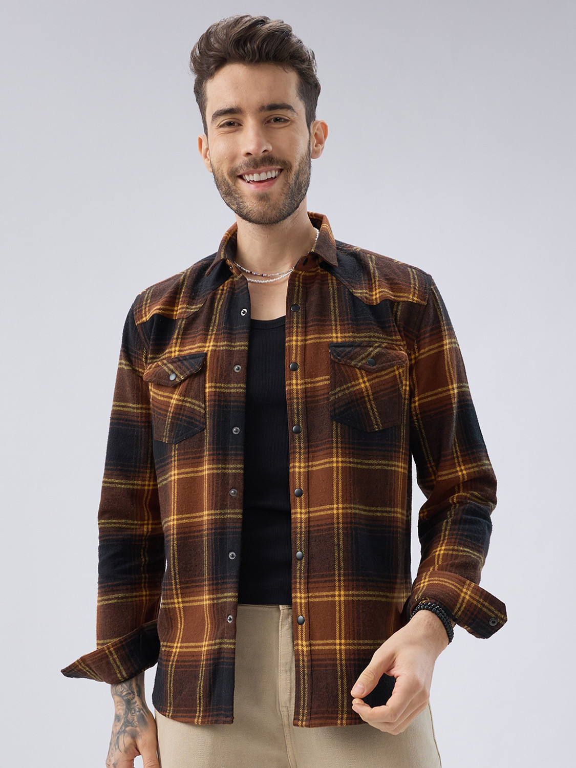 Image of VASTRADO Men Checkered Casual Brown Shirt