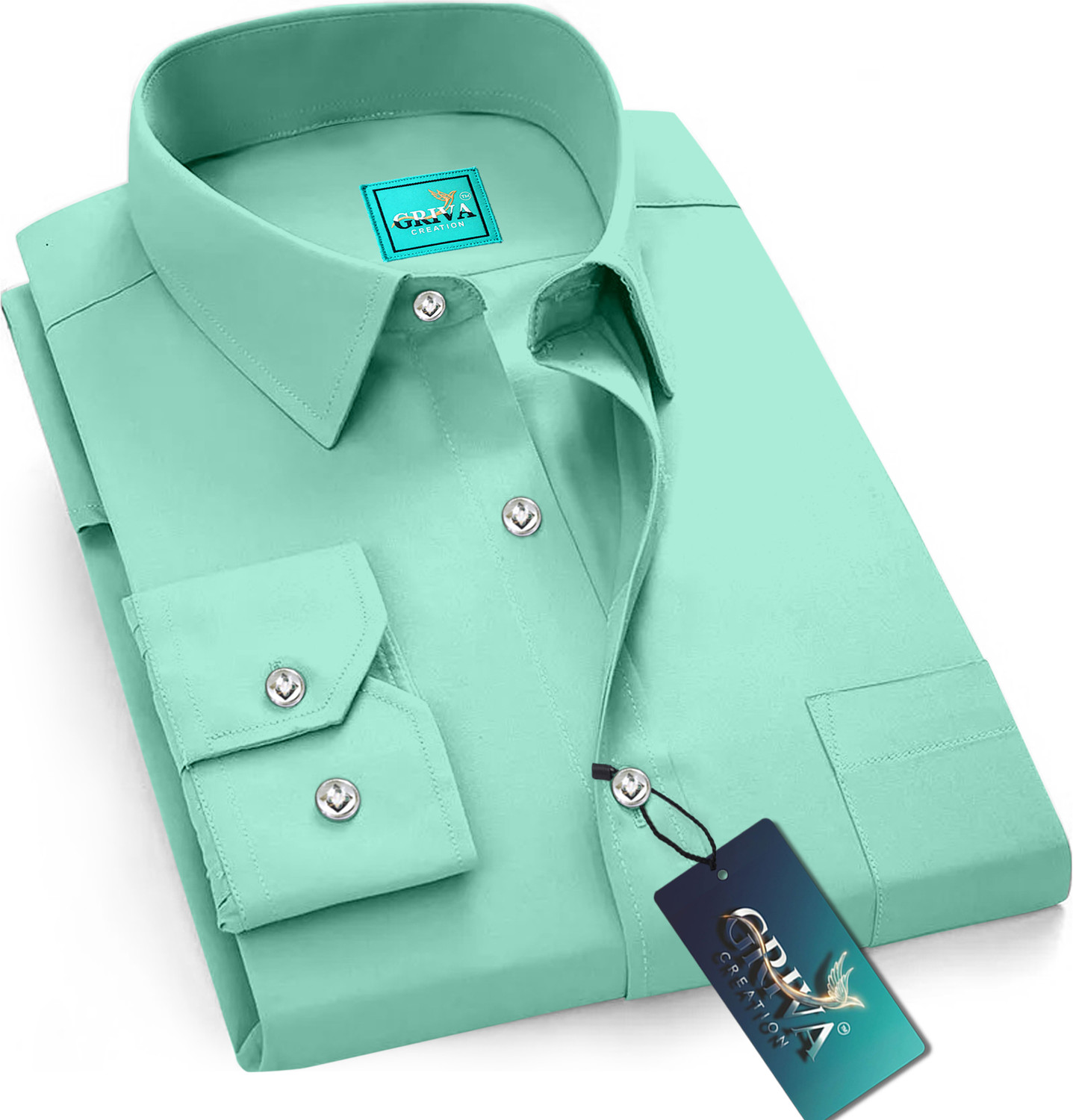 Image of Grivacreation Men Solid Casual Light Green Shirt