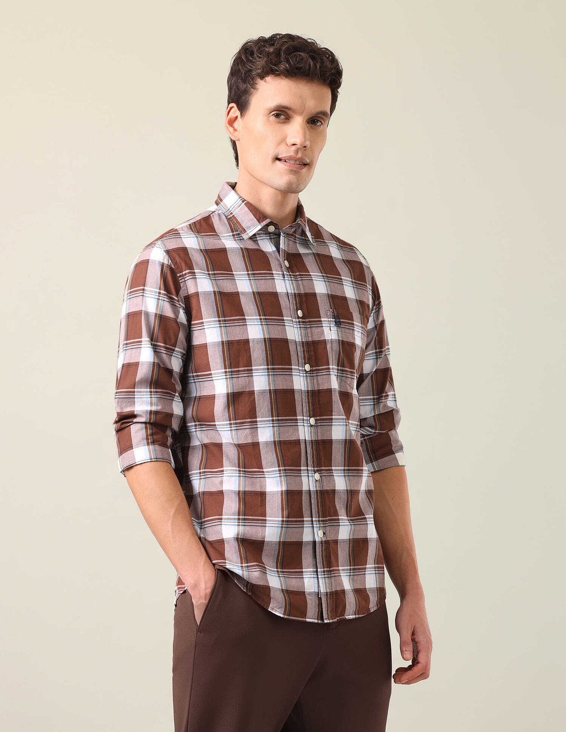 Image of U.S. POLO ASSN. Men Tailored Fit Checkered Spread Collar Casual Shirt