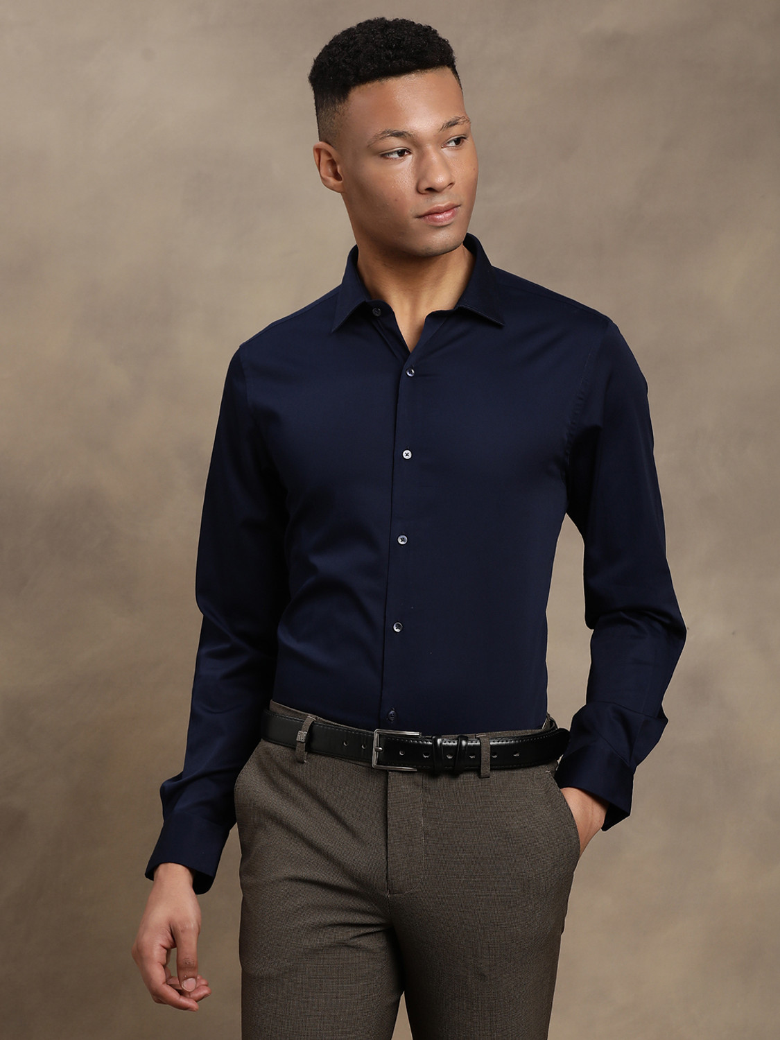 Image of TURTLE Men Solid Formal Dark Blue Shirt