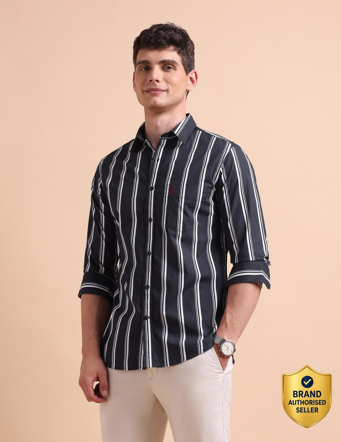 Image of U.S. POLO ASSN. Men Tailored Fit Striped Spread Collar Casual Shirt