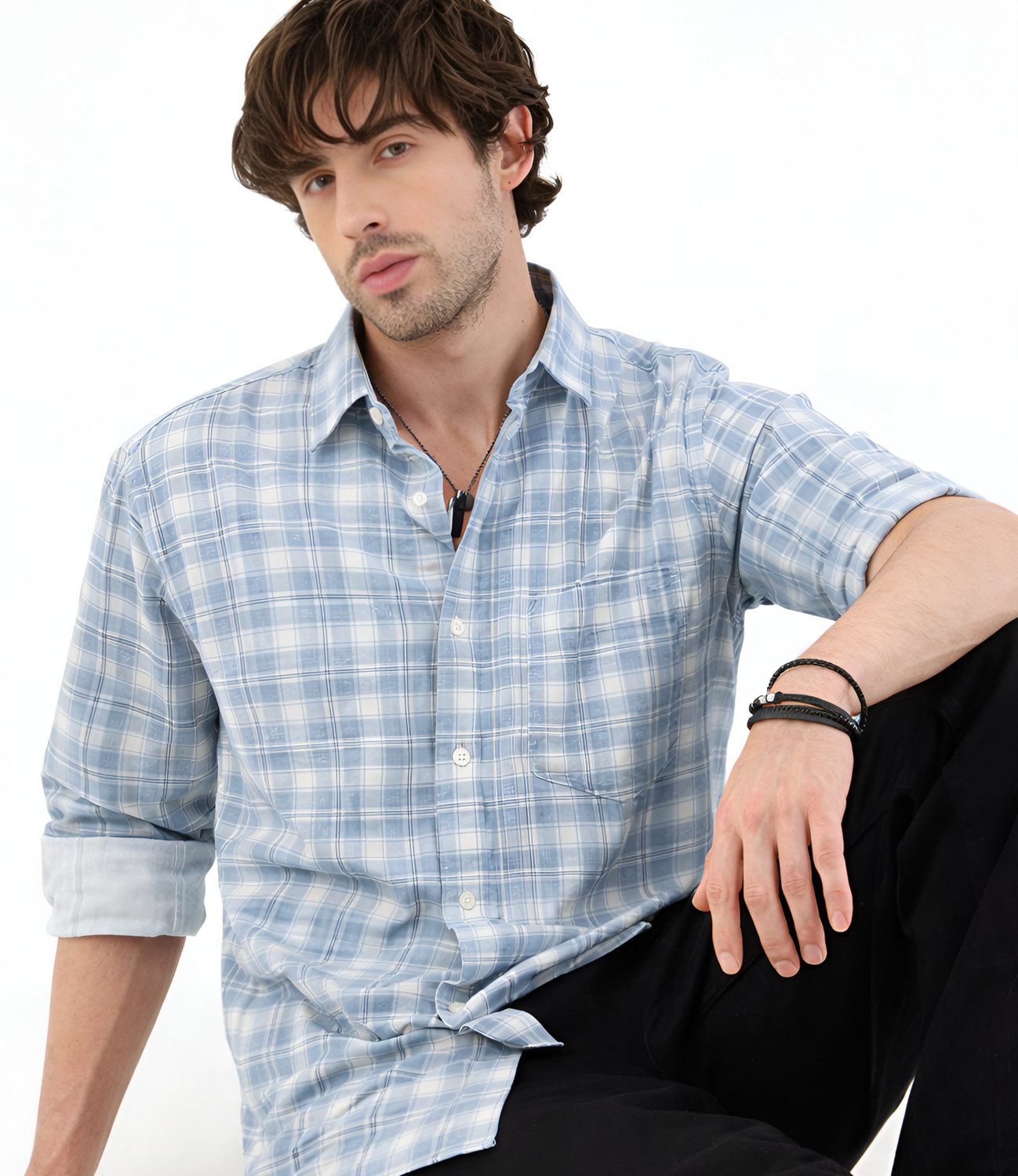 Image of Roadster Men Checkered Casual Light Blue Shirt