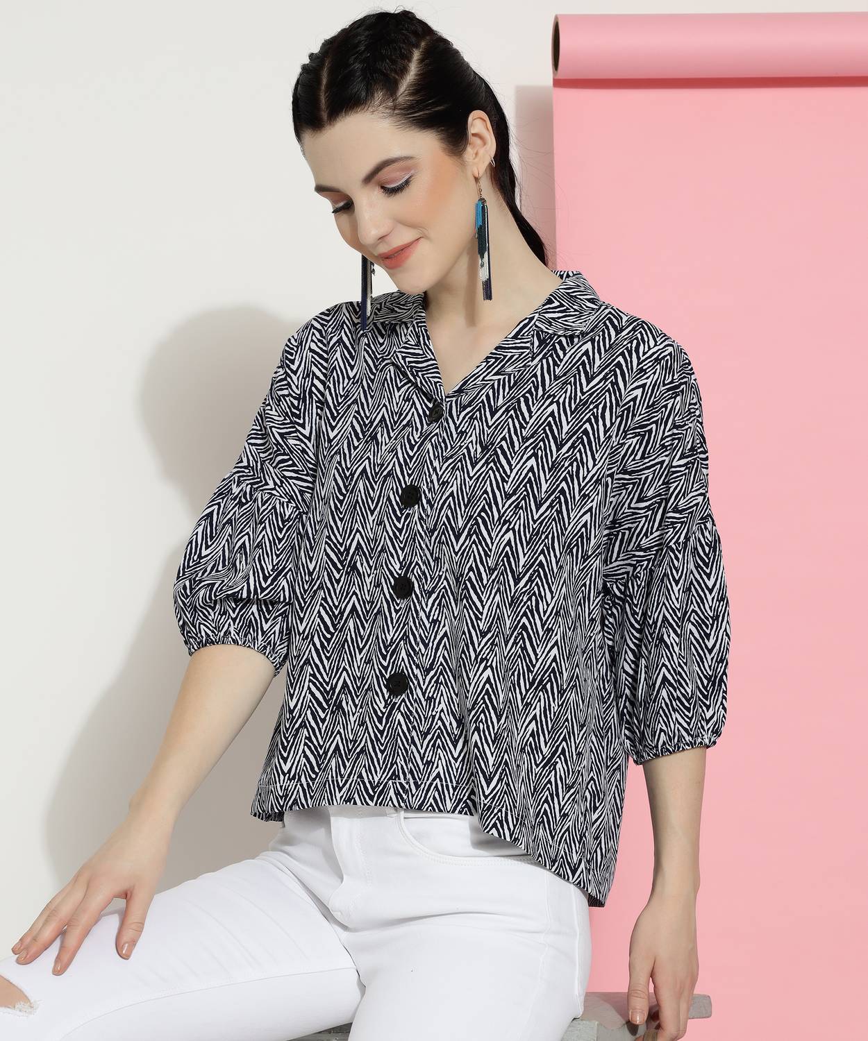 Bollyqueen Casual Printed Women Black, White Top