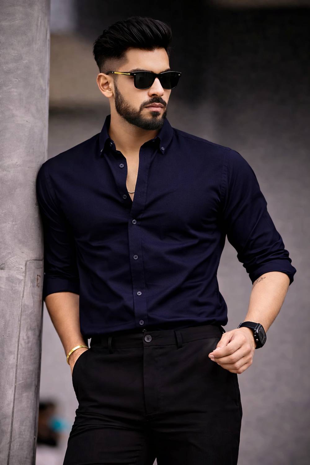 PRIVASTRAM Men Solid Casual Dark Blue Shirt