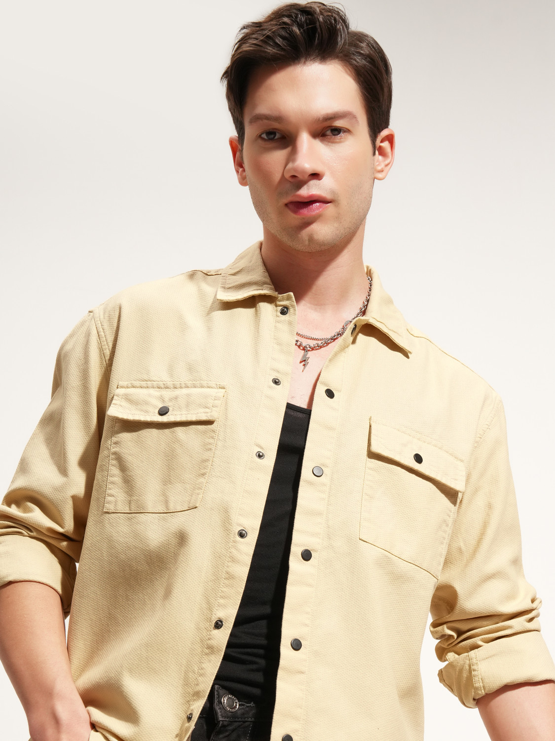 Image of HIGHLANDER Men Self Design Casual Beige Shirt