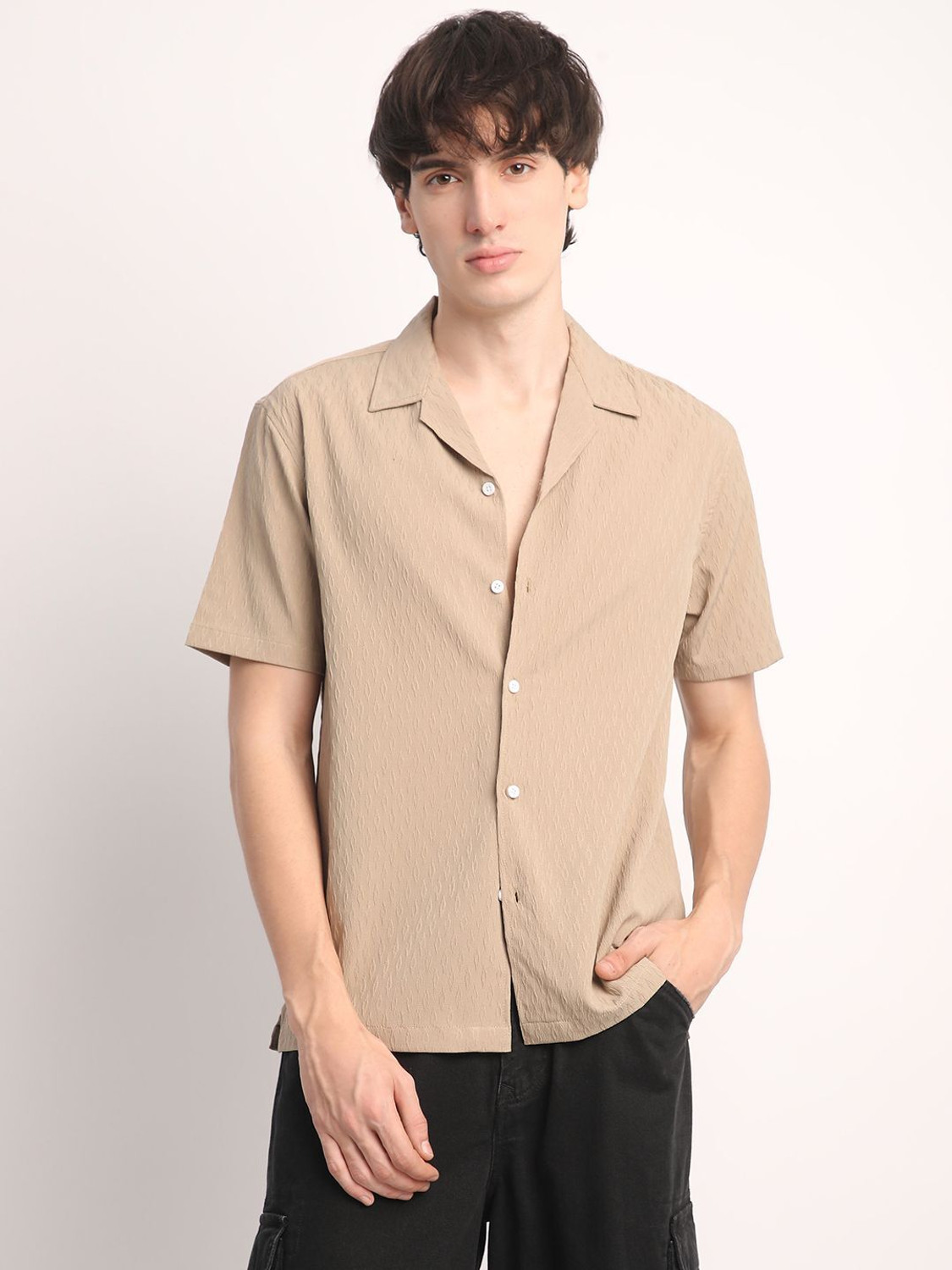 Image of Voroxy Men Self Design Casual Khaki Shirt