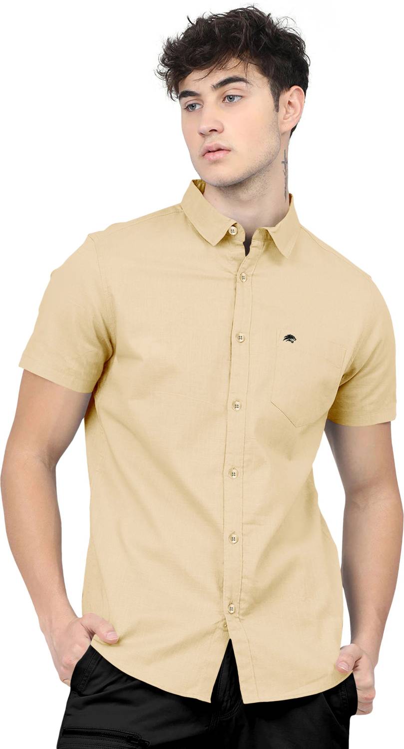 BRUCEWANE Men Self Design Casual Yellow Shirt