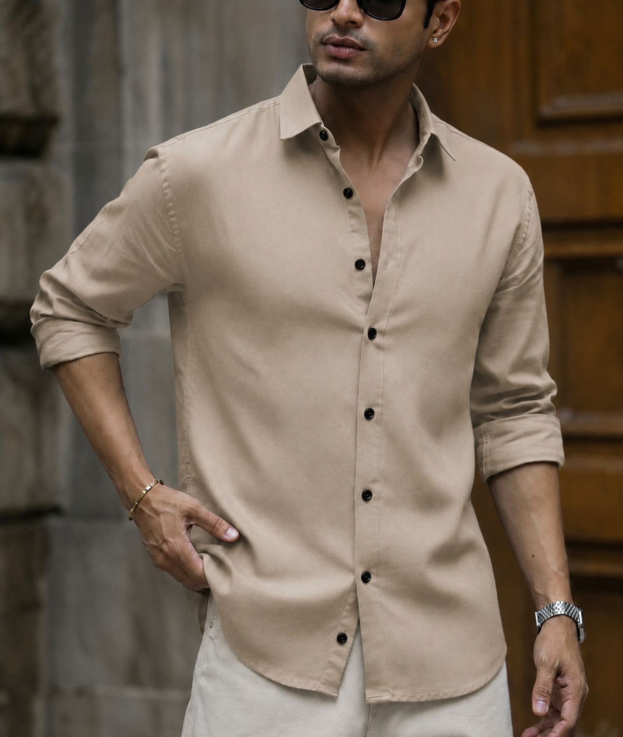 Image of JACKBELLA Men Solid Casual Brown, Beige Shirt